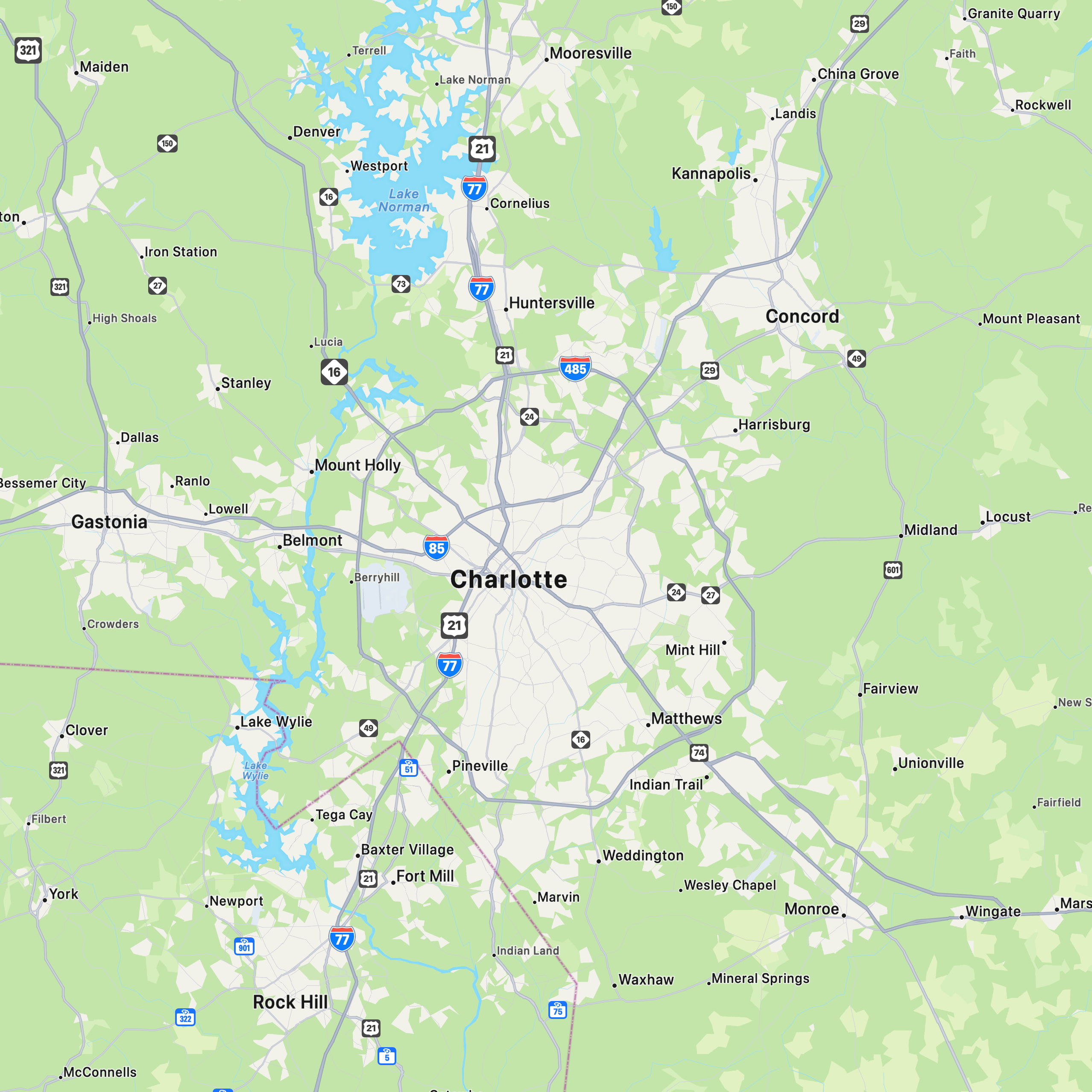 Map of Charlotte, NC showing the service areas of Elite Holiday Lighting